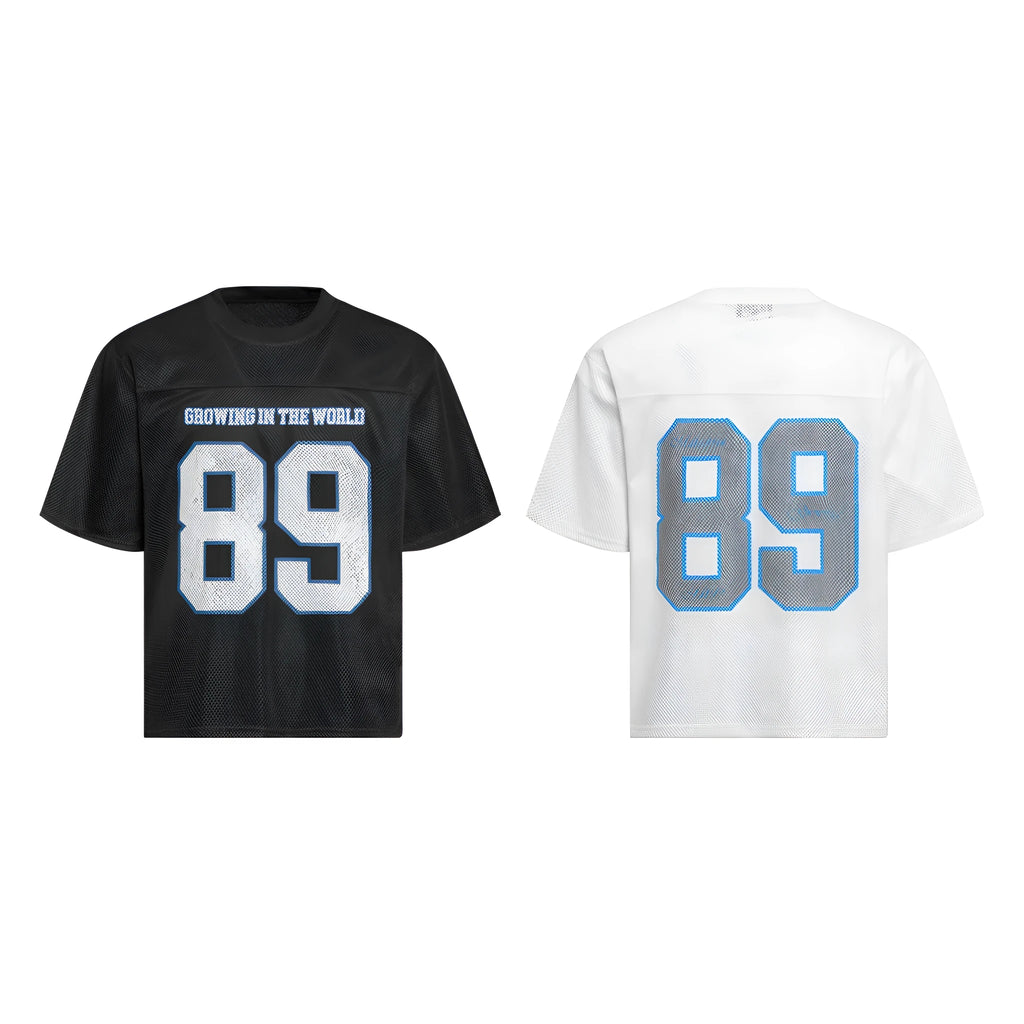 Black loose-fitting casual T-shirt with alphanumeric printing design on front