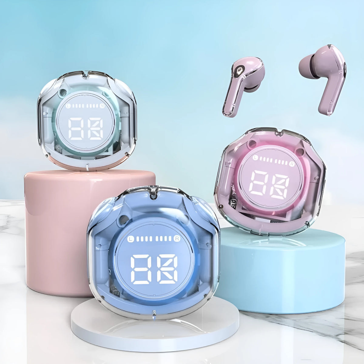 Wireless Bluetooth in-ear headset shown in black, white, pink, sky blue, and violet colour options.