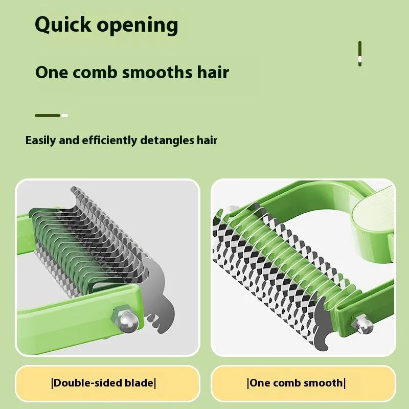 Green dog grooming comb with stainless steel teeth for removing knots from pet hair
