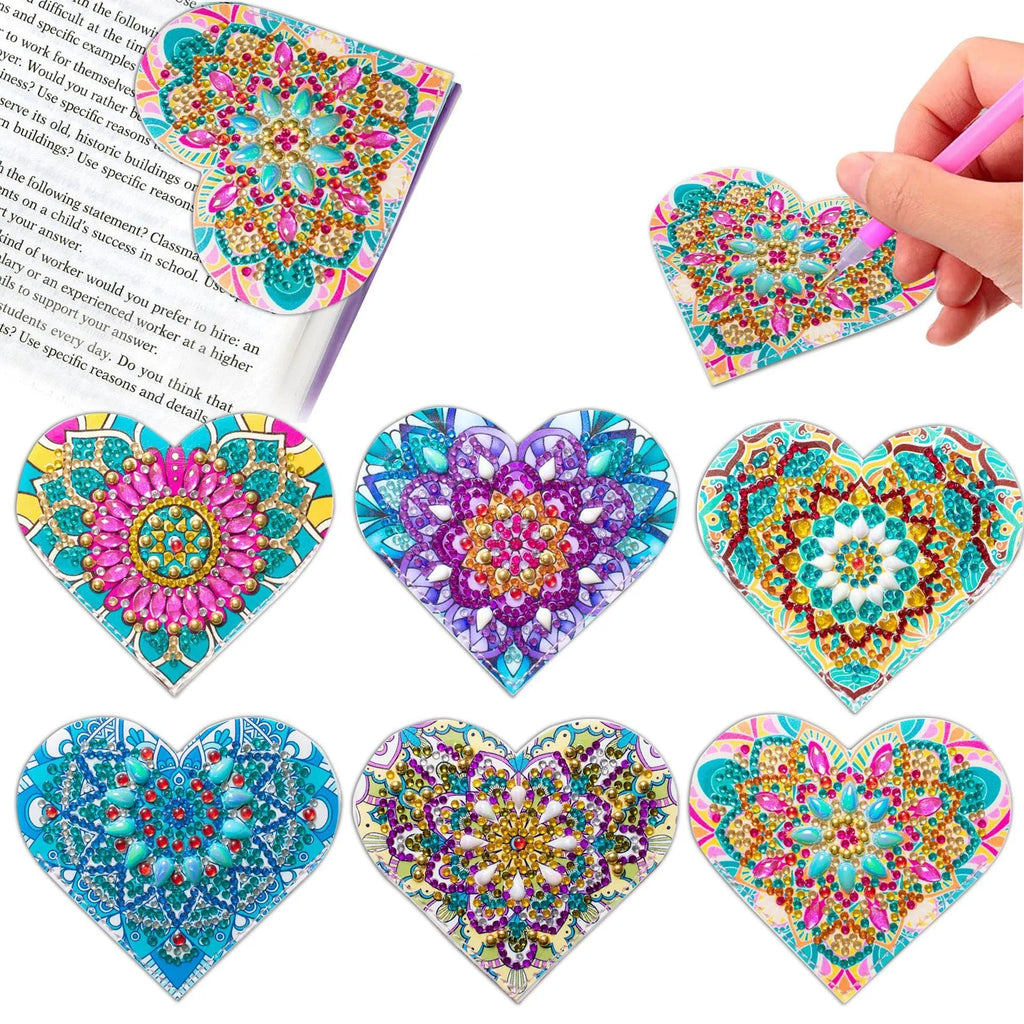 Six handmade PU leather bookmarks with stick-on crystals and decorative flower cornerite pieces