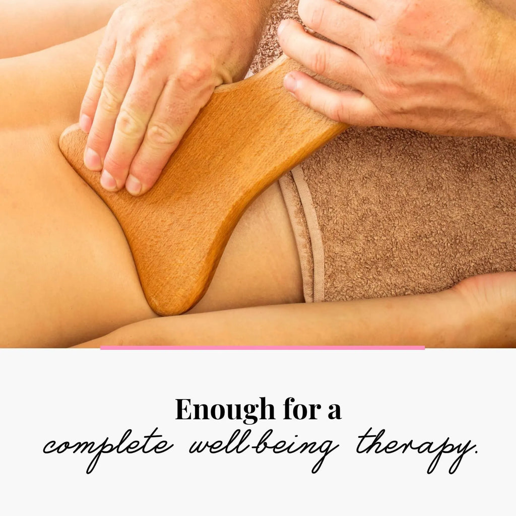 Natural beech wood massage roller set showing T-shaped roller and various wheel massage tools