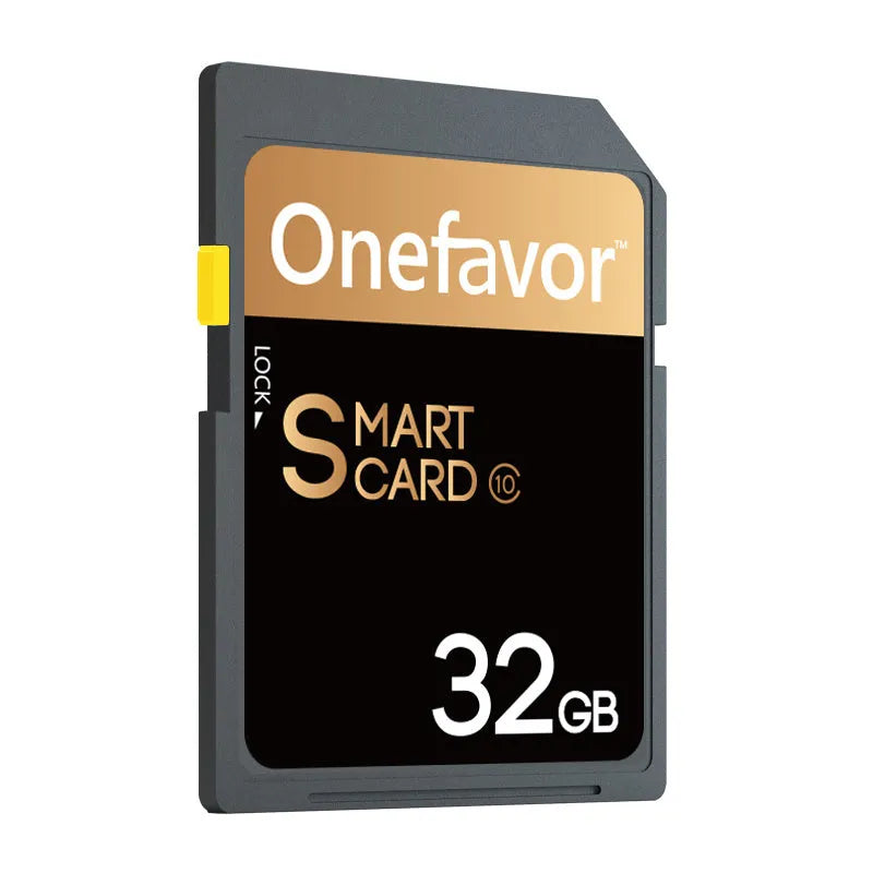 SD to PCMCIA adapter card with stainless steel housing for Mercedes-Benz cars next to a 32GB SDHC card