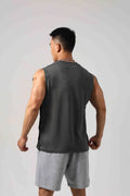 Men's grey Korean style cotton fitness vest showing hidden side hook opening detail.