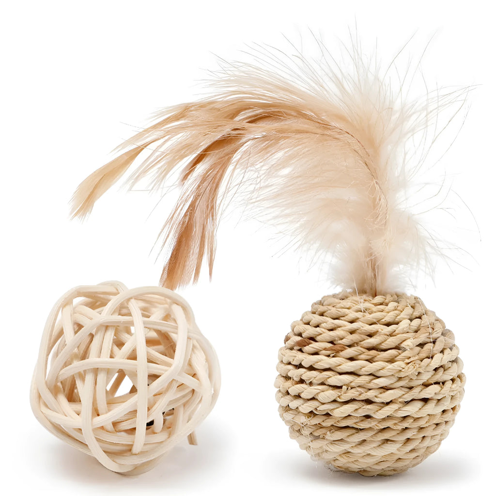 Two cat toys: rattan ball and faux feather bell ball for interactive play