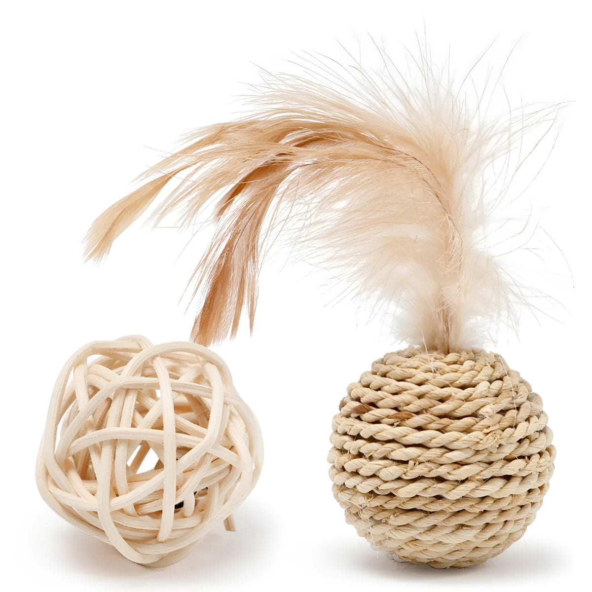 Two cat toys: rattan ball and faux feather bell ball for interactive play