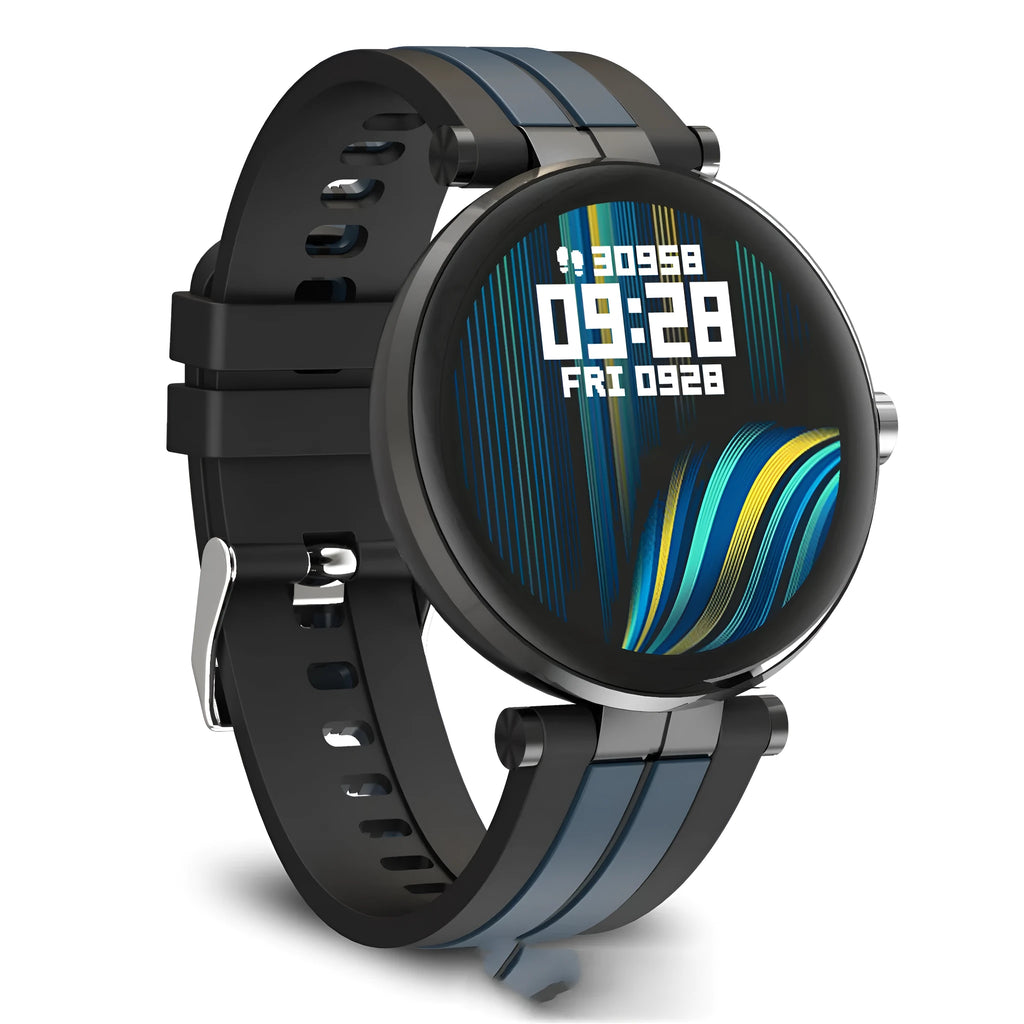 Smart watch with black silicone strap and screen showing heart rate and blood pressure data