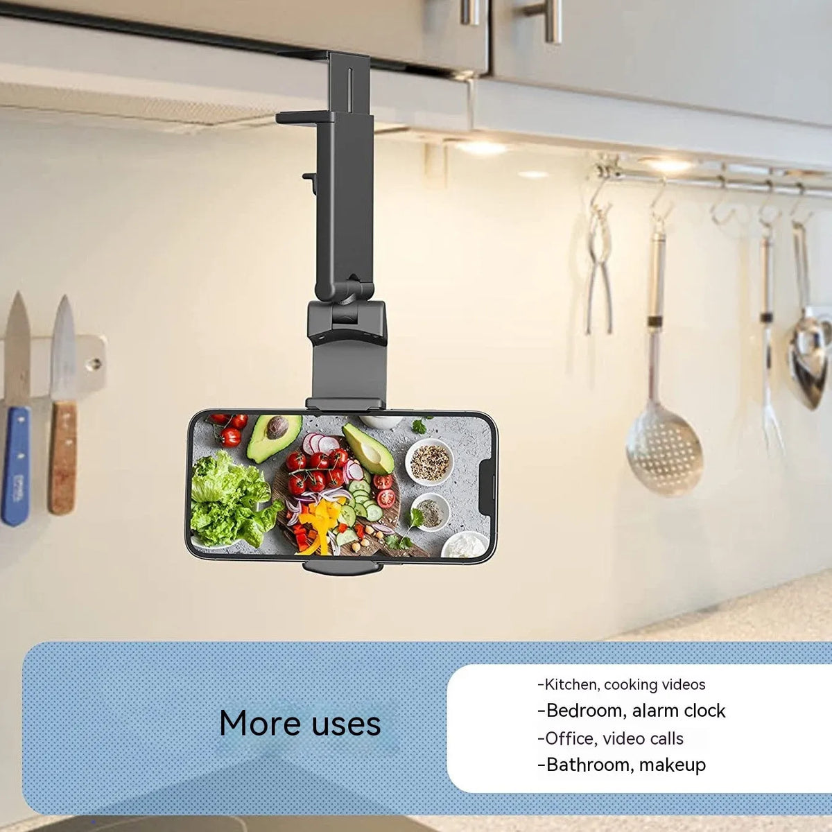 Black foldable rotating phone holder showing adjustable angles on a desk
