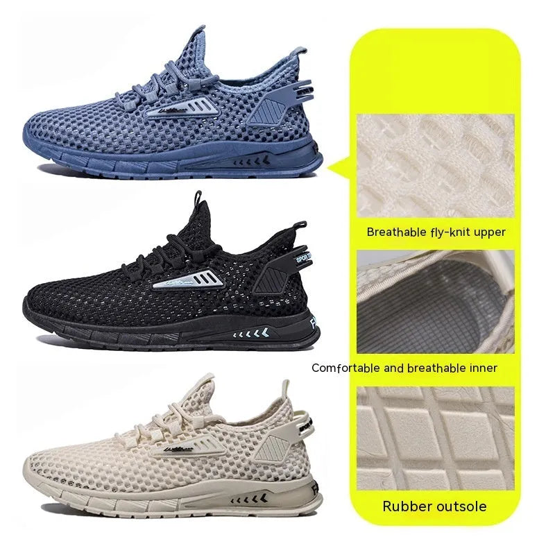 Men's beige lace-up sneaker with mesh detailing and a synthetic leather upper on a white background.