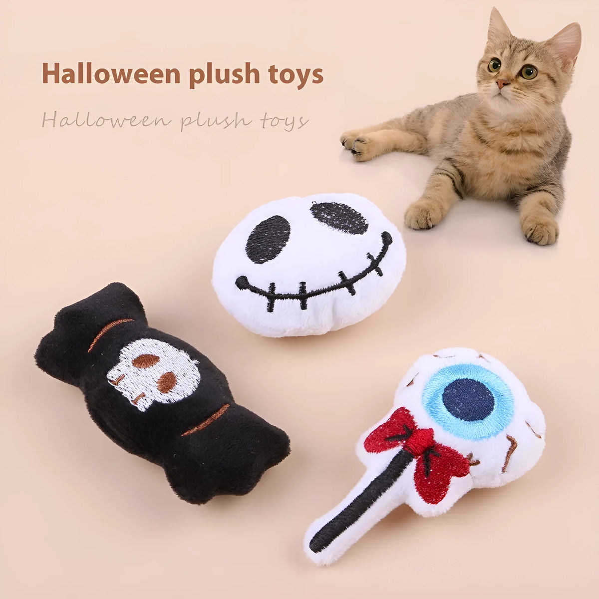 Small plush cat teaser wand toy in candy design colour variant
