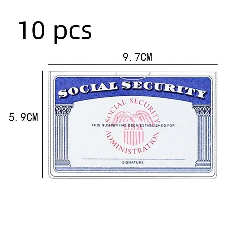 Clear PVC waterproof card holder protecting a social security card, showing 9.7cm by 5.9cm size