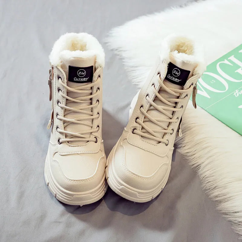 Women's plus size fleece-lined snow boots with tall upper crown and lace-up front