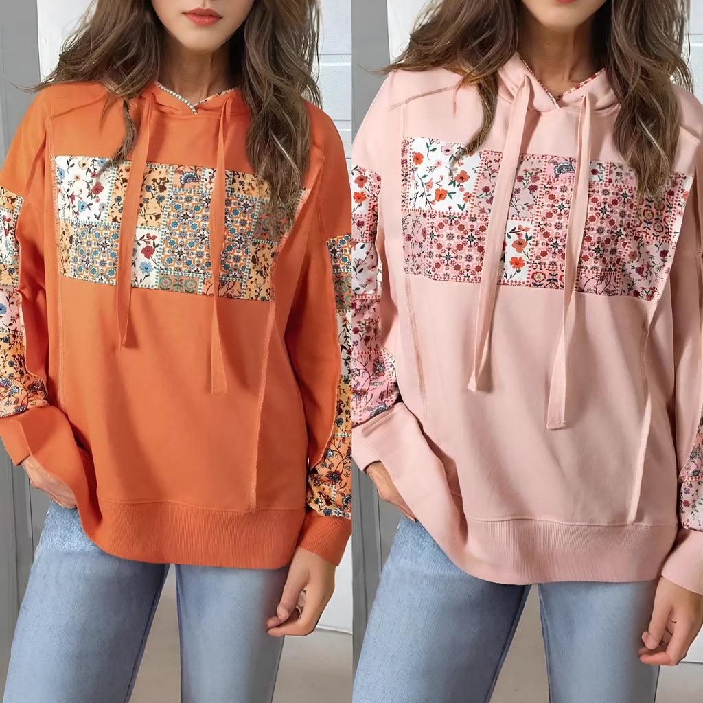Women's pullover hoodie with drawstrings, long sleeve loose printed sweatshirt in pink or orange