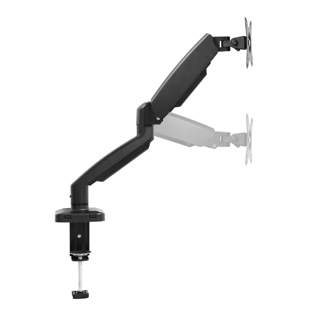 Black rotating telescopic LCD screen bracket elevated on desk with adjustable height mechanism