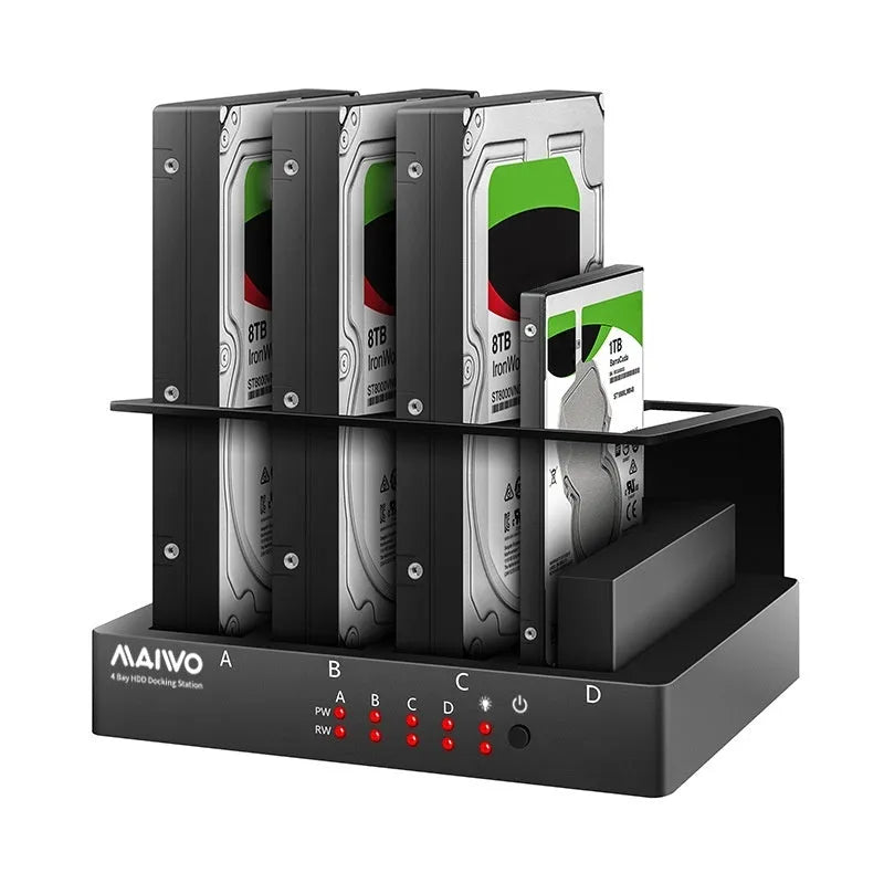Four-bay external hard drive enclosure for 2.5-inch SATA drives with cables and mounting brackets