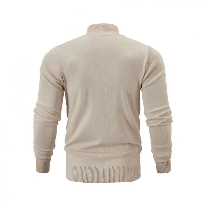 Cotton stand collar zipper cardigan sweater in a loose fit on a hanger.