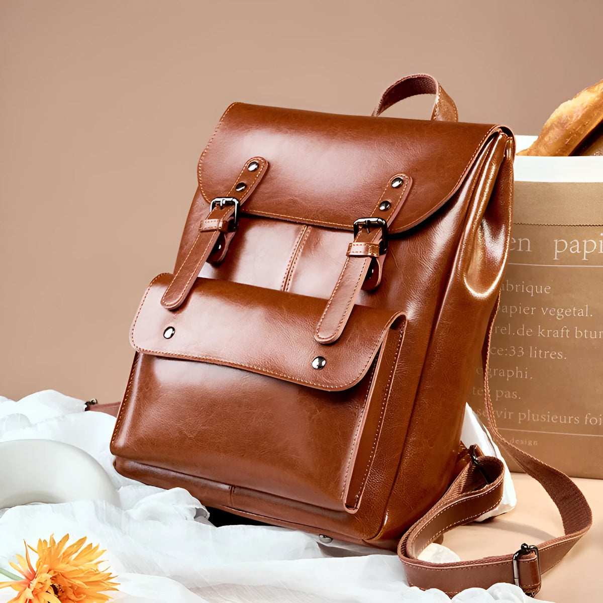 Women's cowhide leather computer backpack in black, brown, or coffee with hard structure and wear-resistant finish