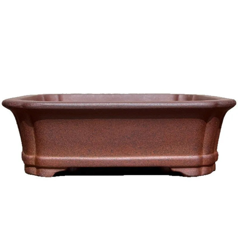 Rectangular stoneware flower pot in reddish brown with hand-glazed finish and 17cm base, for bonsai or firewood display.