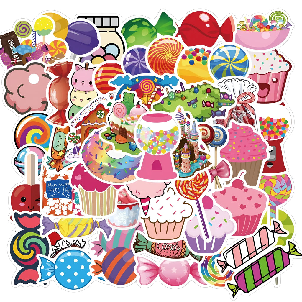 50 colourful candy series graffiti stickers with cartoon patterns measuring 4-6cm each