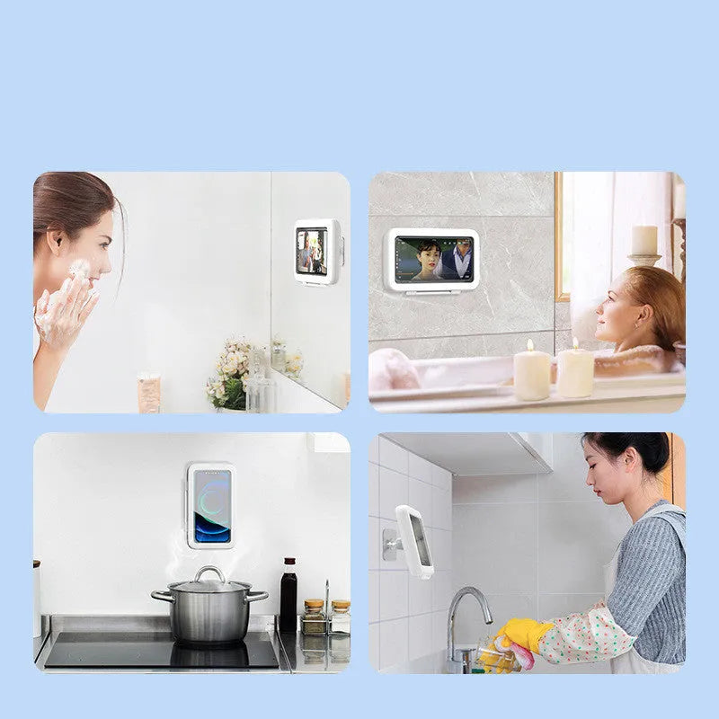 White waterproof phone holder with clear touch screen mounted on bathroom tile