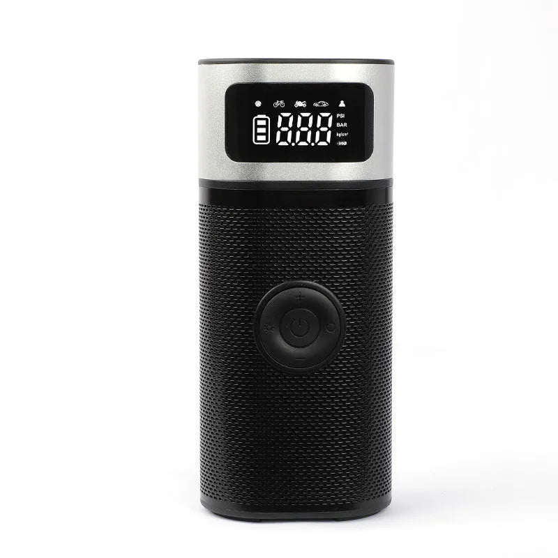 Black portable wireless car tyre air pump with LED light and USB charging cable