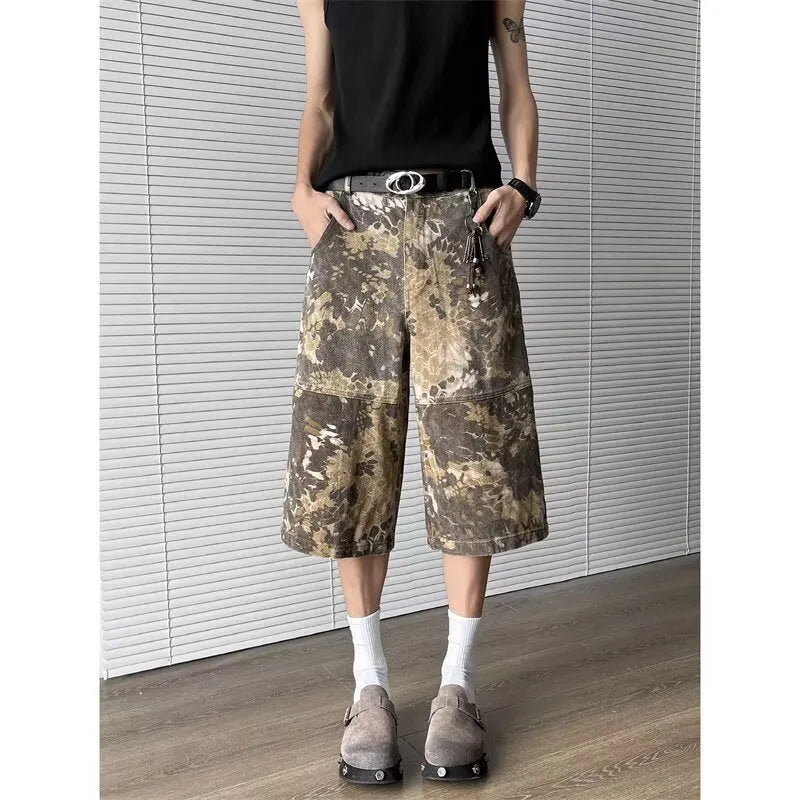 Yellow snake pattern camouflage cropped jeans in denim with cotton fabric