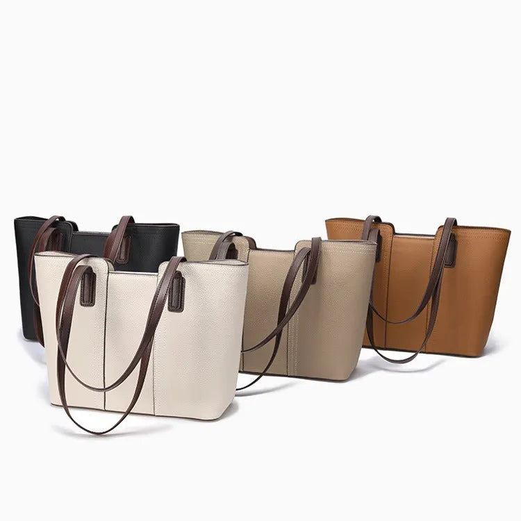 Women's khaki genuine leather commuter shoulder bag with box shape and sewing line detailing