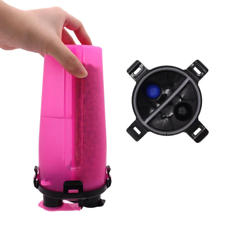 Portable pet water cup showing 350ml water bottle with 250g food container in multiple colour options
