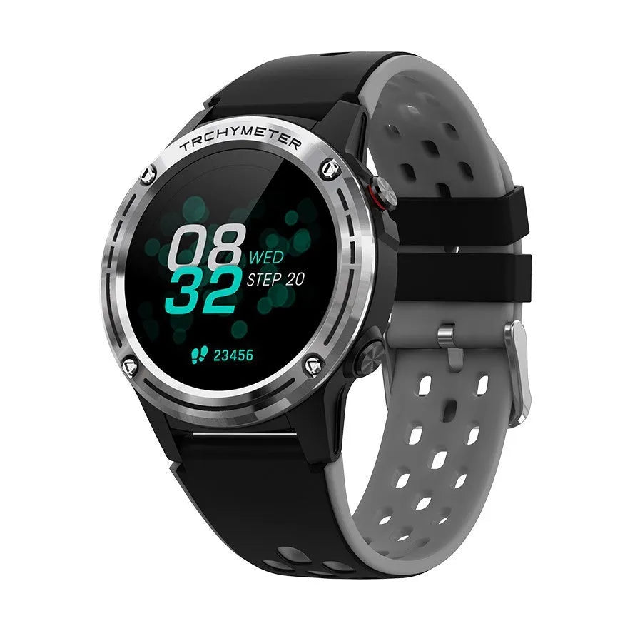 GPS smart watch with silicone sports bracelet in blue colour on wrist showing time display
