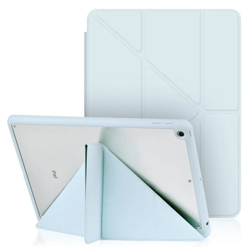 Acrylic Y-folding soft imitation leather iPad case in multiple colours, showing stand function and pen slot.