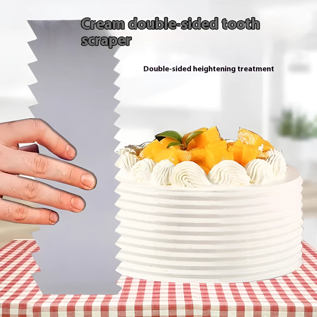 Stainless steel cream scraper cake decorating tool showing polygon patterns for textured cake finishes