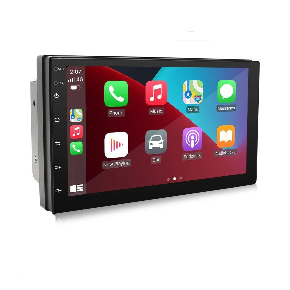 Black universal car radio with 7-inch screen, GPS navigation and Apple CarPlay for manual transmission vehicles