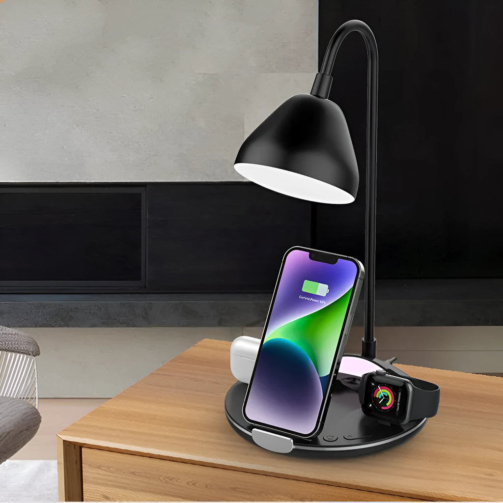 Black magnetic folding wireless charger showing folded and unfolded positions with LED indicator