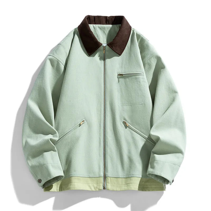 Korean style men's autumn jacket in mint green with contrast lapels and side seam pockets