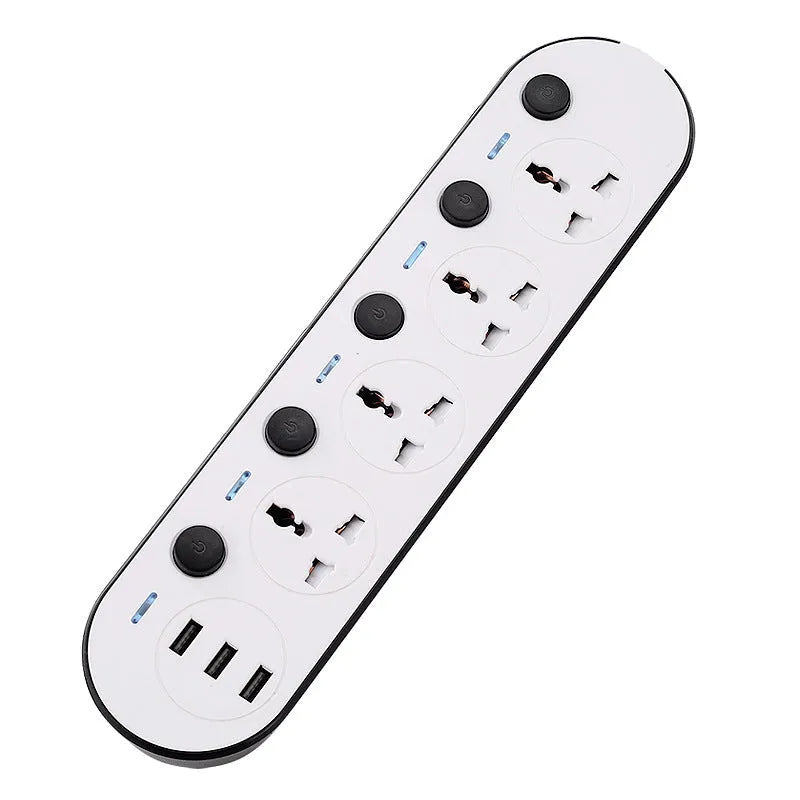 Multi-switch international power strip socket with choice of AU, EU, UK, US plugs and cable lengths.