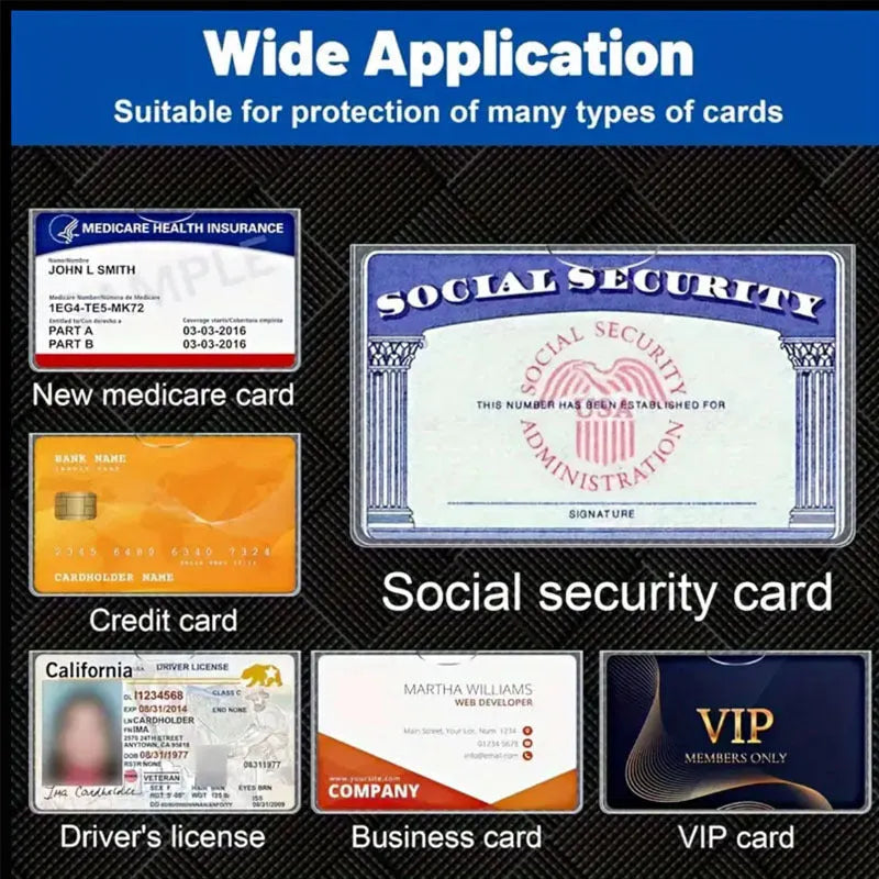 Clear PVC waterproof card holder for social security cards, sized 9.7 by 5.9 centimetres.