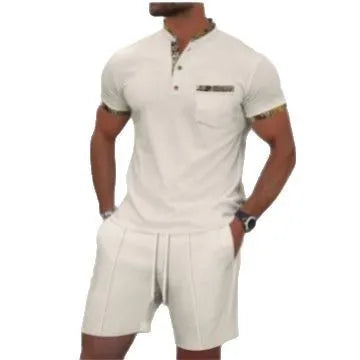 Men's grey waffle-texture zip polo collar short sleeve top and matching shorts on a hanger
