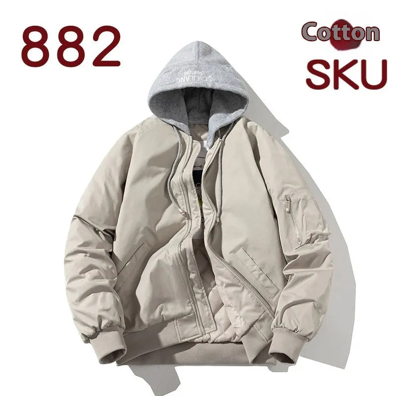 Men's loose-fitting solid-colour pilot jacket for plus-size wear, shown in a casual setting.