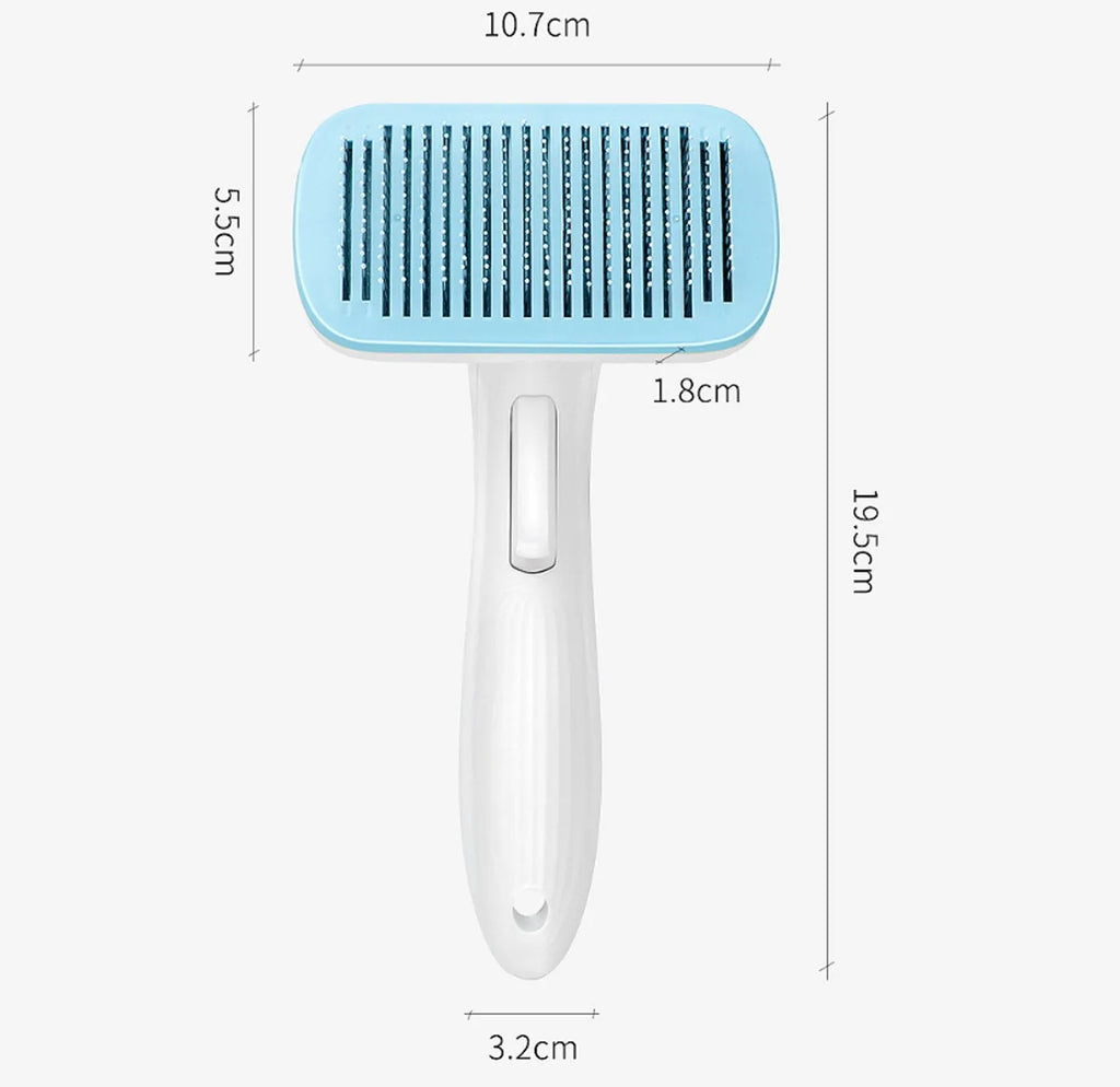 Automatic pet hair removal comb in blue for dogs and cats with one-click removal technology