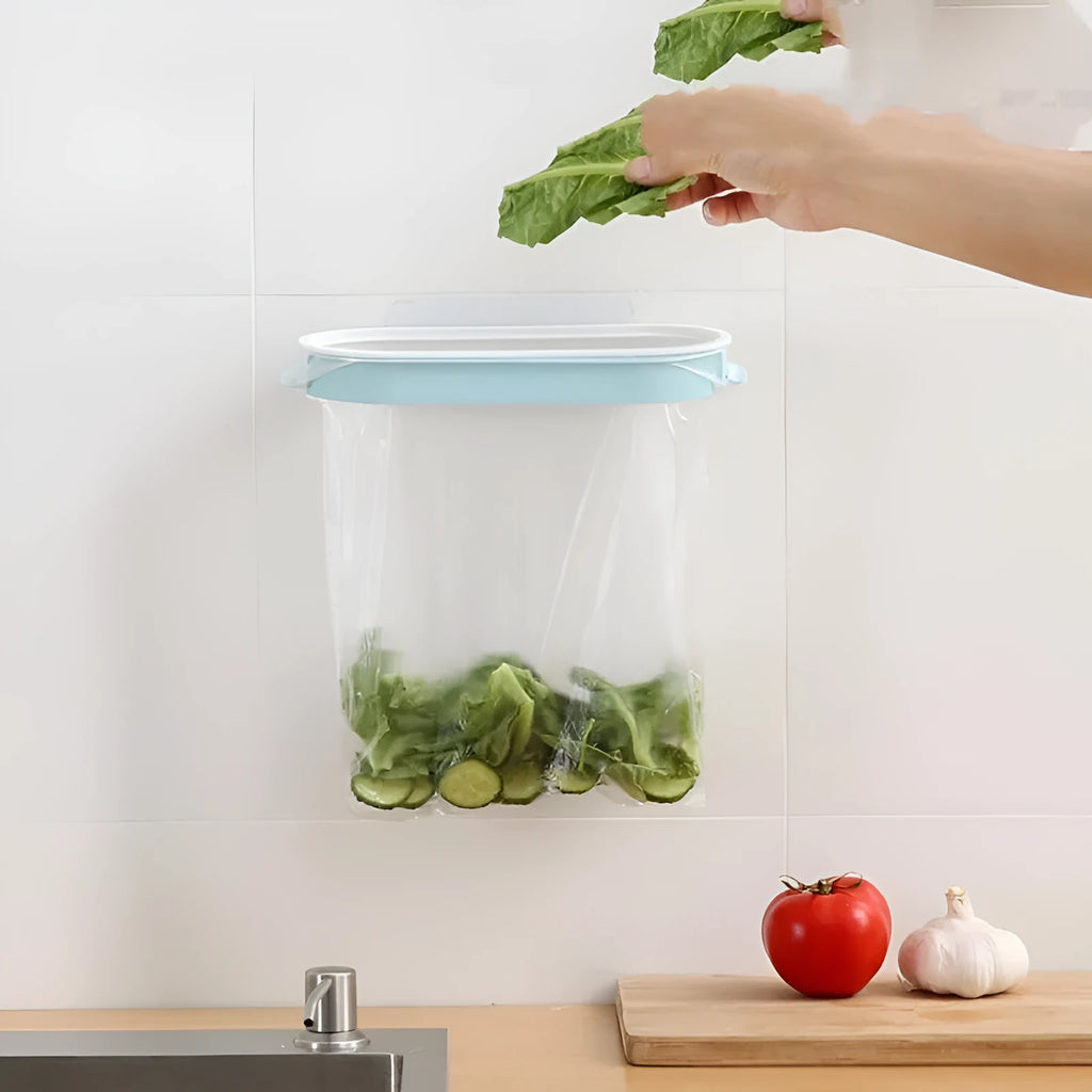 Blue plastic kitchen garbage bag storage rack for cabinet organisation