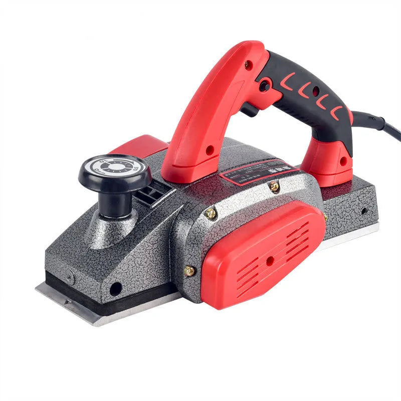 Red electric wood planer tool with aluminium body for carpentry work