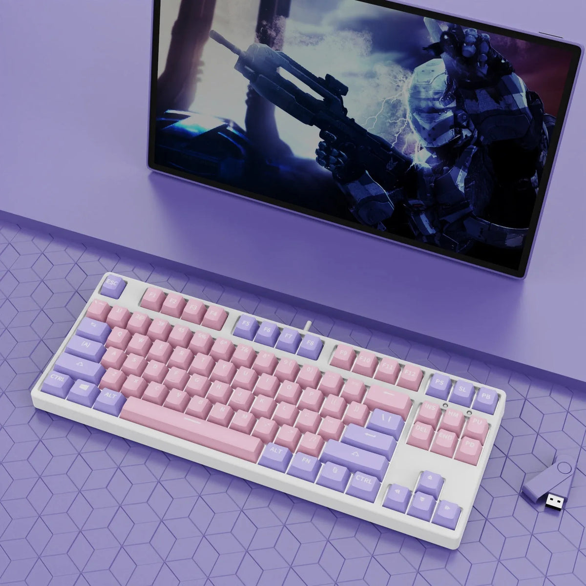 87-key wired mechanical keyboard with hot-swappable sockets in a dual-colour design