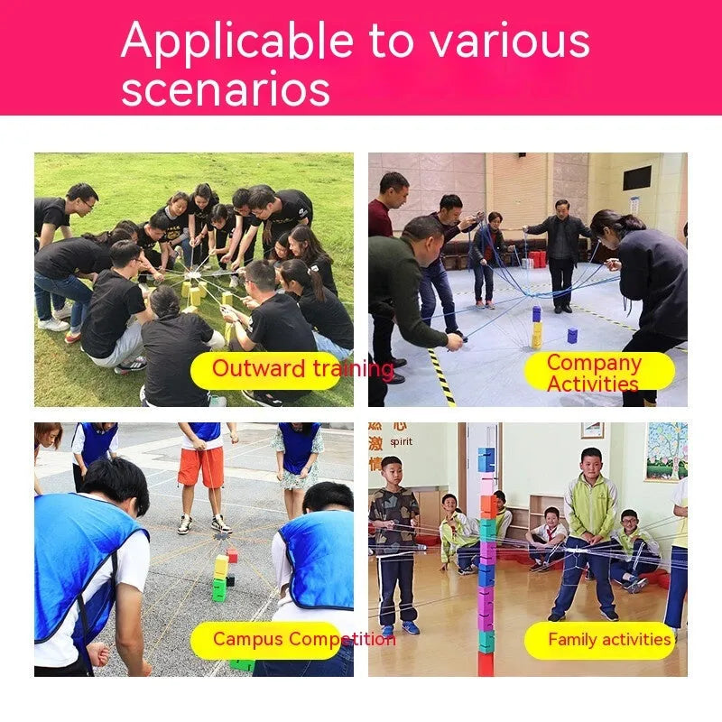 ABS plastic team building tower construction set with pull ropes and interlocking blocks in multiple colours