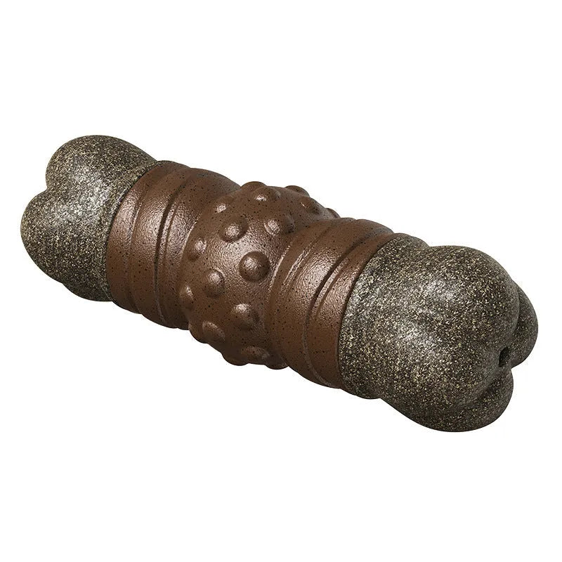 Wood colour plastic dog toy shaped like a bone with a textured molar rod, measuring 22 cm in length.