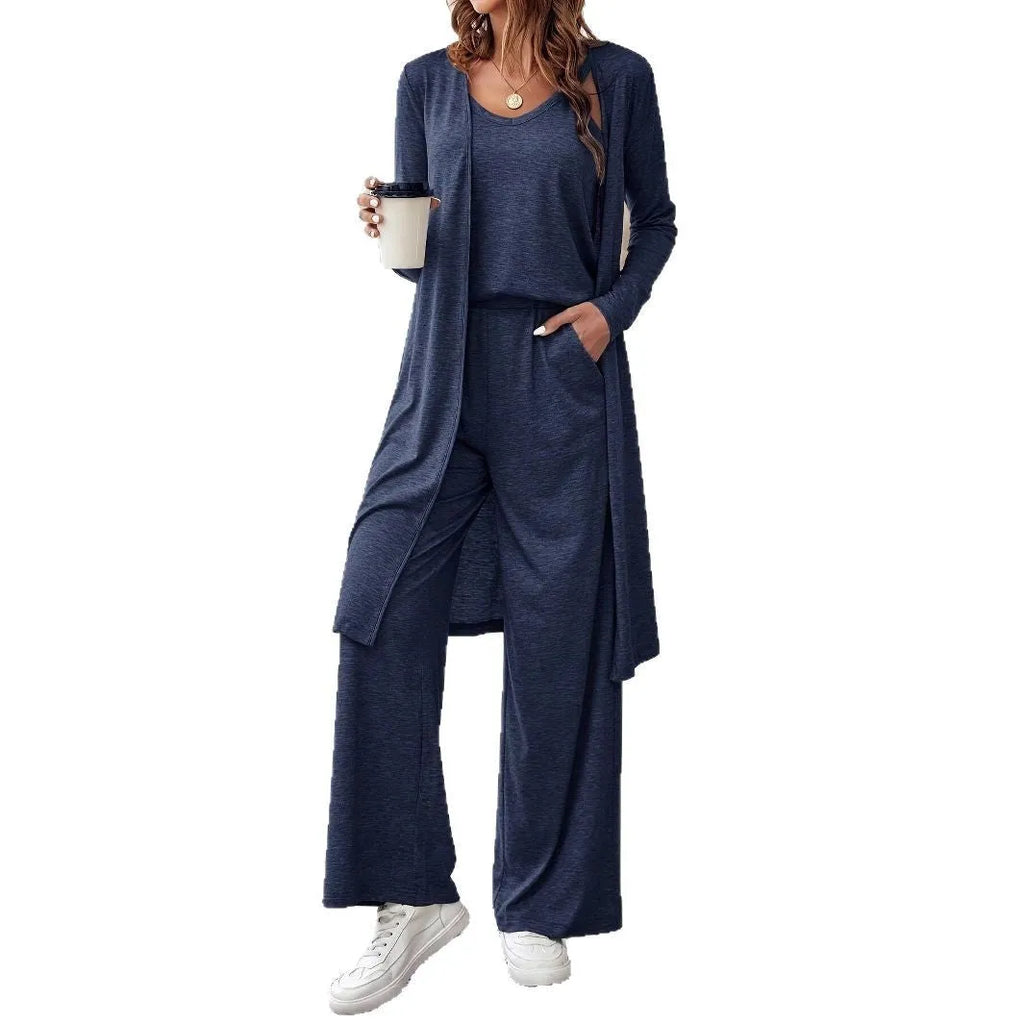 Women's blue polyester casual three-piece suit set with top, trousers, and suspenders