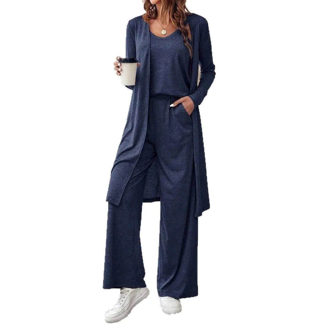Women's blue polyester casual three-piece suit set with top, trousers, and suspenders