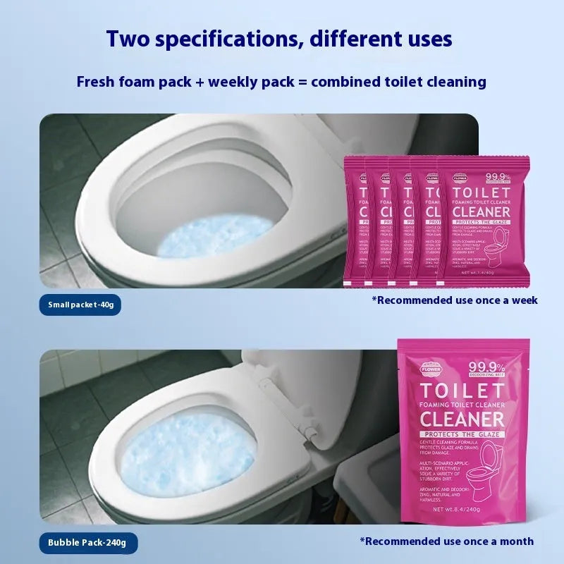 Toilet bubble powder for descaling in blue ocean or pink floral scent, 240g bag or 5x40g sachets box.