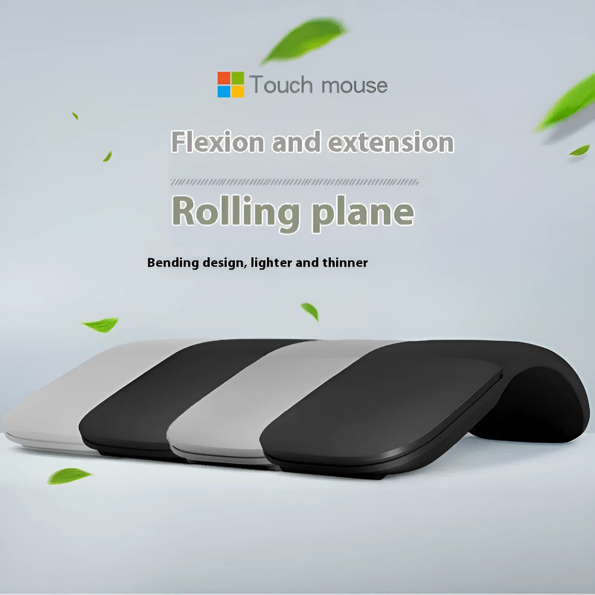 Folding Bluetooth wireless mouse showing compact 131mm size with touch scrolling surface in black colour