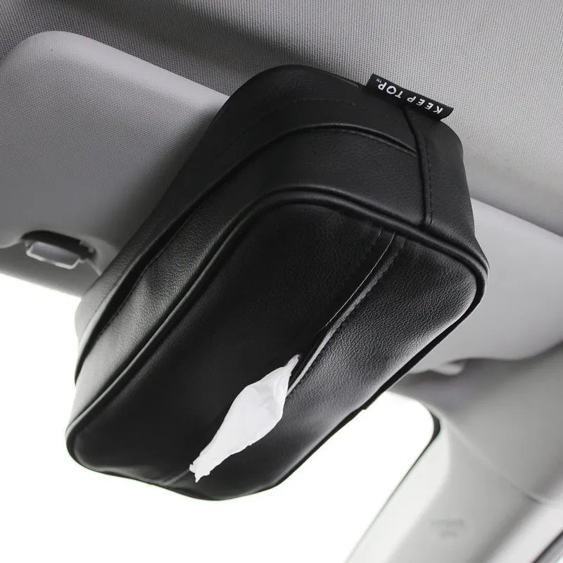 PU leather car hanging storage box in black and beige colours with paper bag construction