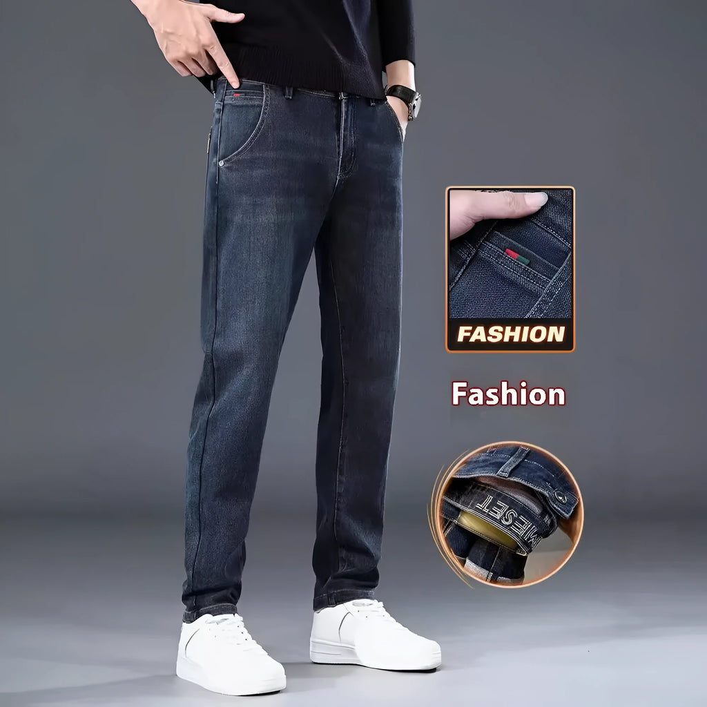 Men's slim straight casual trousers in blue grey, showing loose fit and street fashion style.