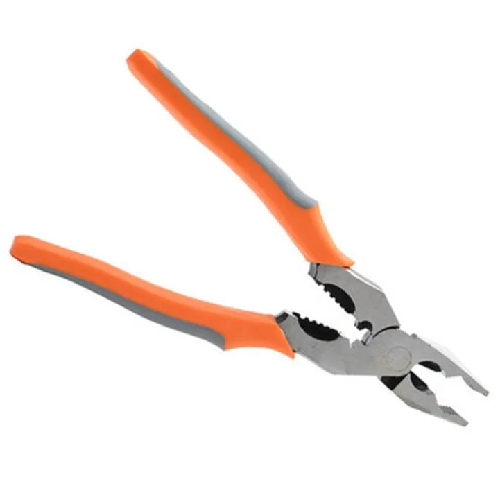 Orange 9-inch multi-function wire cutter pliers with chrome steel head and textured plastic handles